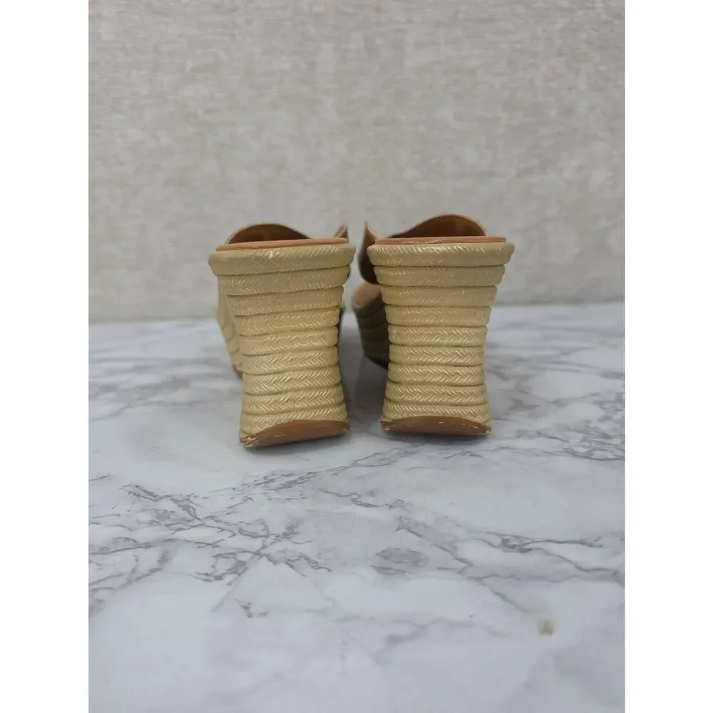 Y2K Vintage Wedge Platform Thong Sandals in Tan Leather Sttraps